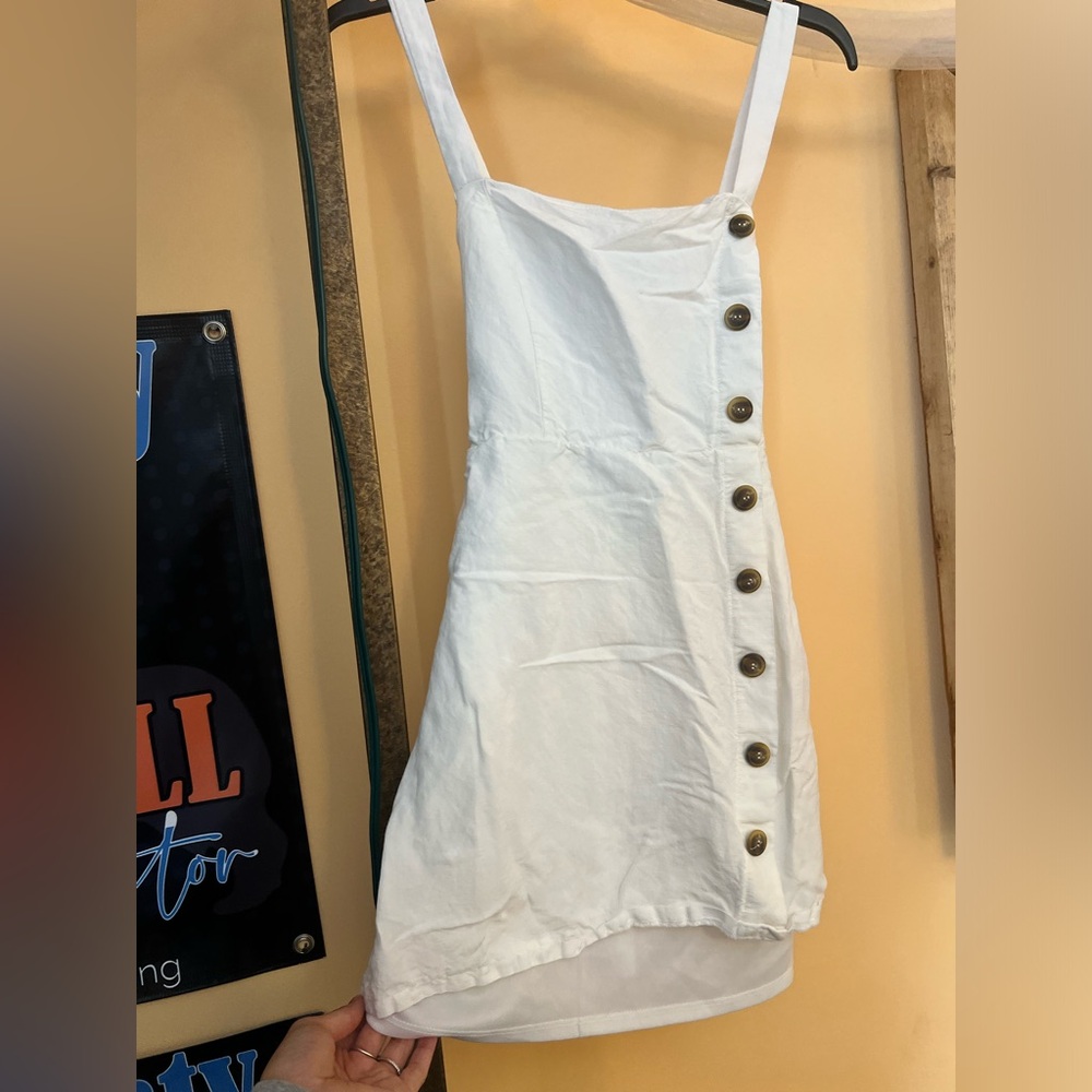 White Linen Mini Dress w/ Tie in Back Button Detail
